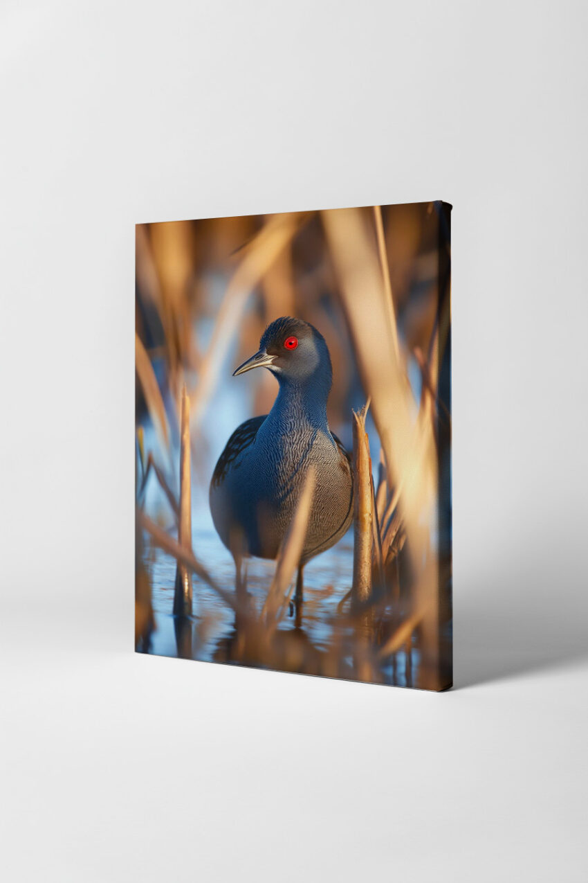Fotografie Poster Vogel rotes Auge Nahaufnahme Schilf Wasser