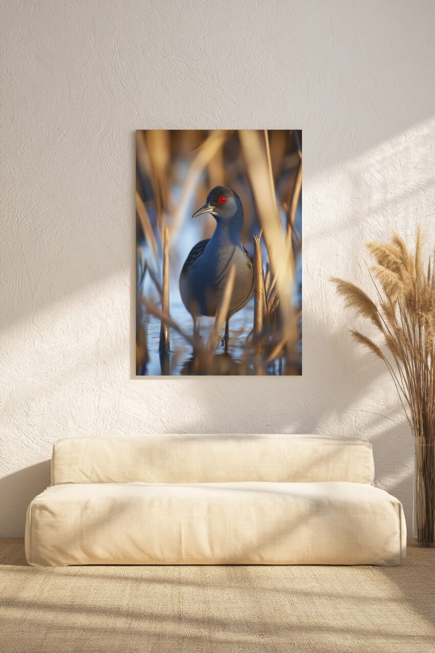 Fotografie Poster Vogel rotes Auge Nahaufnahme Schilf Wasser