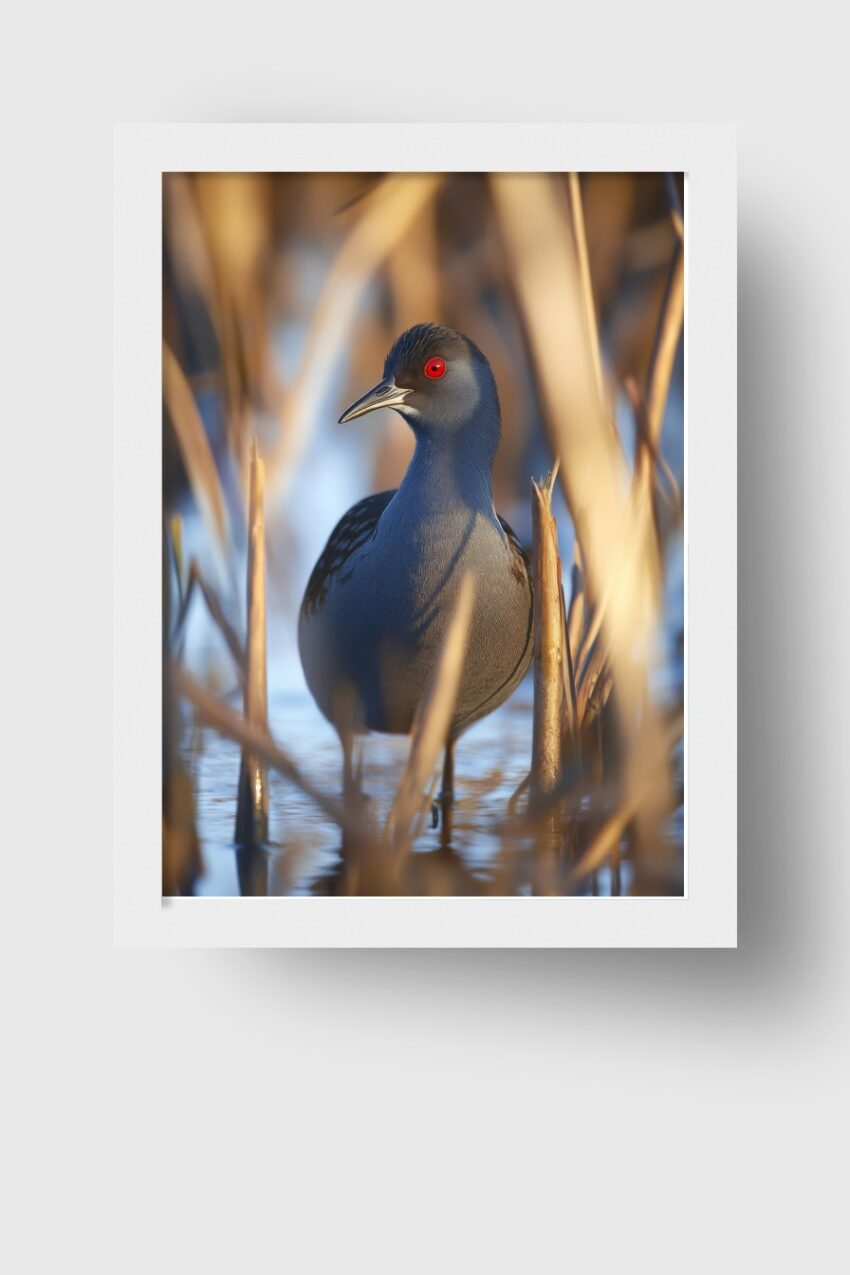 Fotografie Poster Vogel rotes Auge Nahaufnahme Schilf Wasser