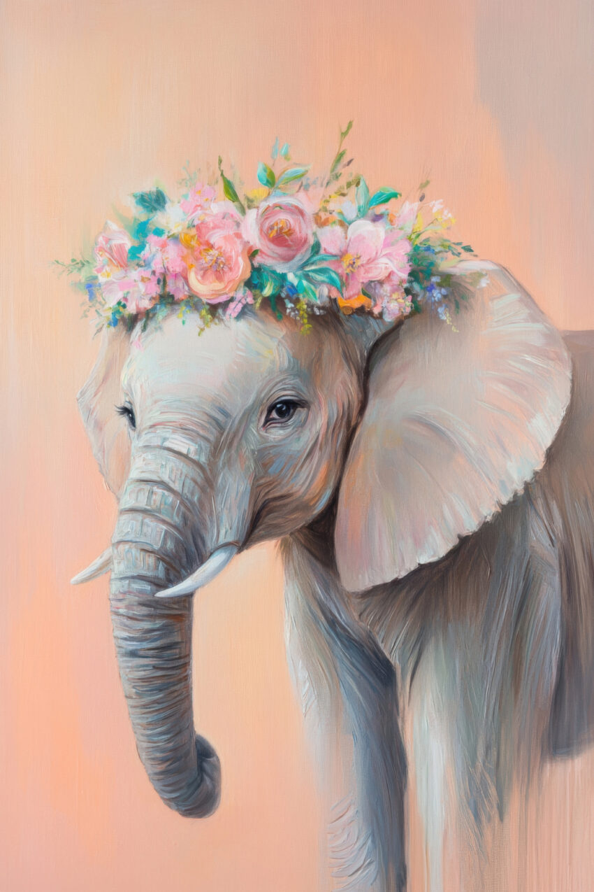 Malerei Poster Elefant Blumenkranz pastellfarben zart