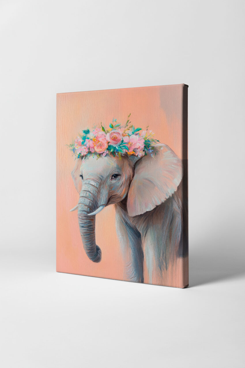 Malerei Poster Elefant Blumenkranz pastellfarben zart