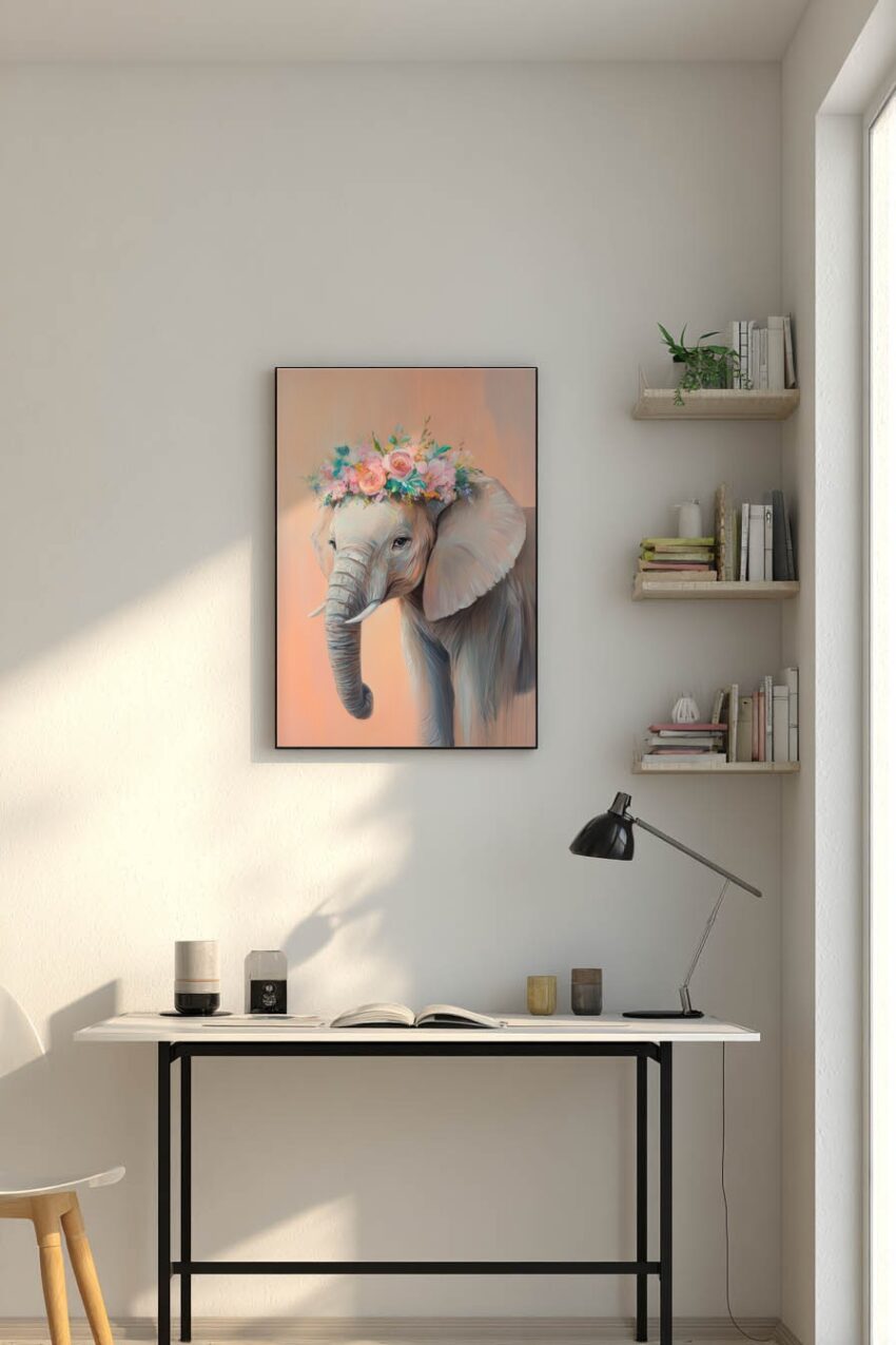 Malerei Poster Elefant Blumenkranz pastellfarben zart