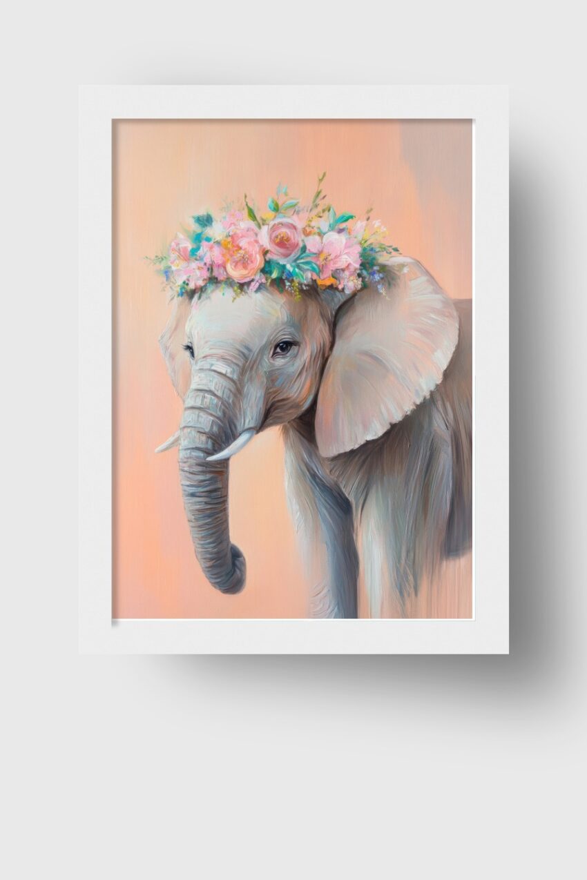 Malerei Poster Elefant Blumenkranz pastellfarben zart