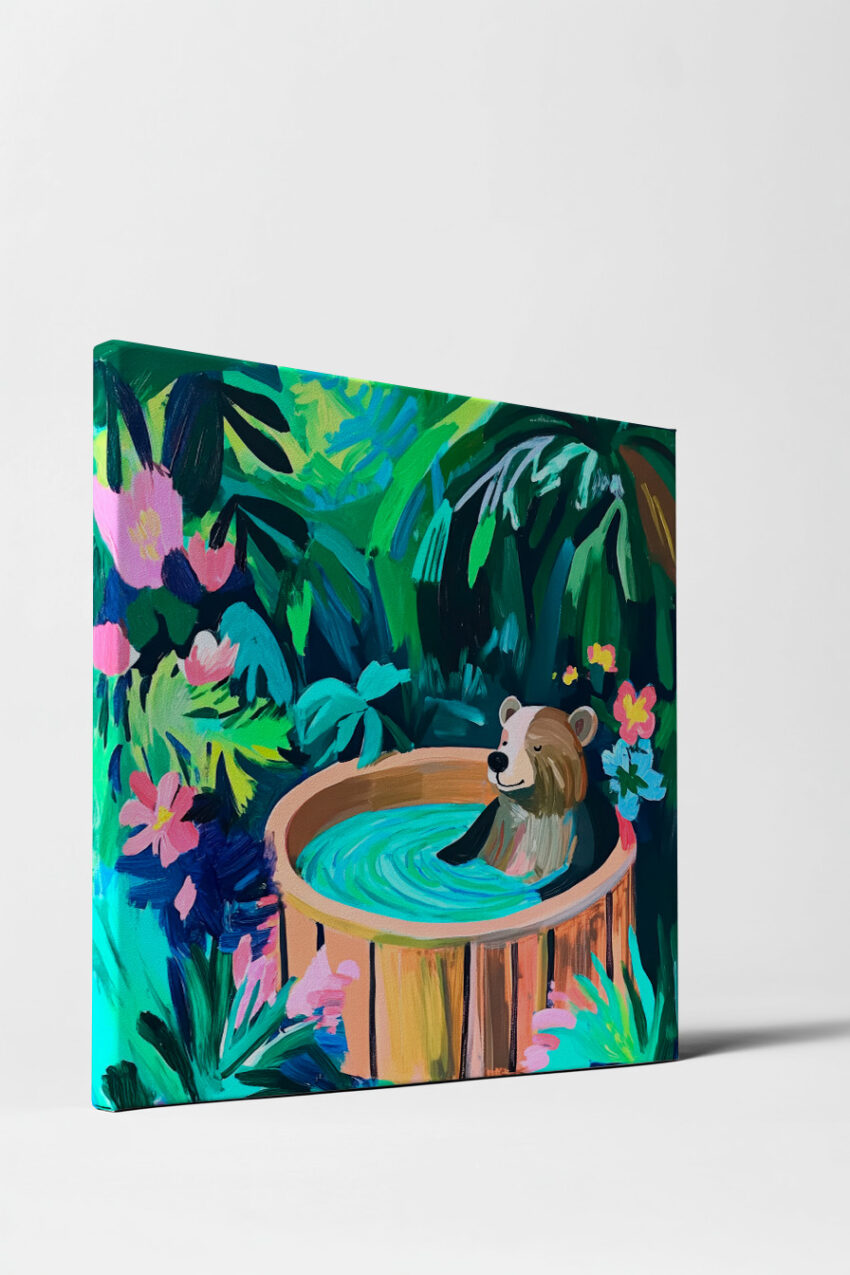 Illustration Poster Bär Badewanne Blumen bunt