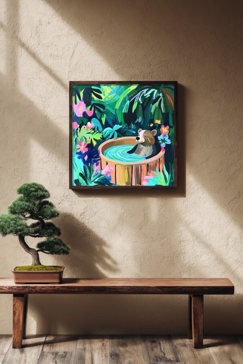 Illustration Poster Bär Badewanne Blumen bunt