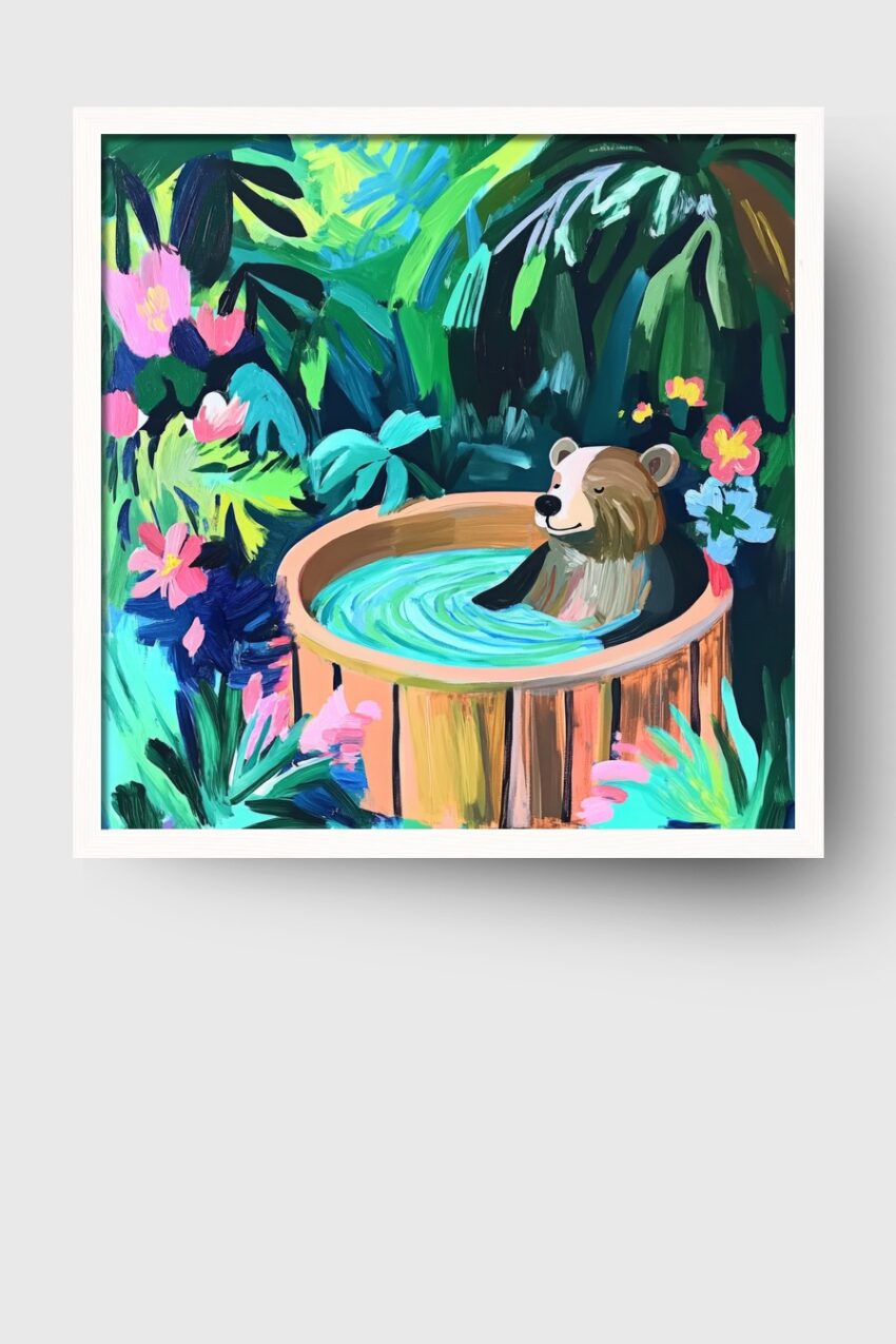 Illustration Poster Bär Badewanne Blumen bunt