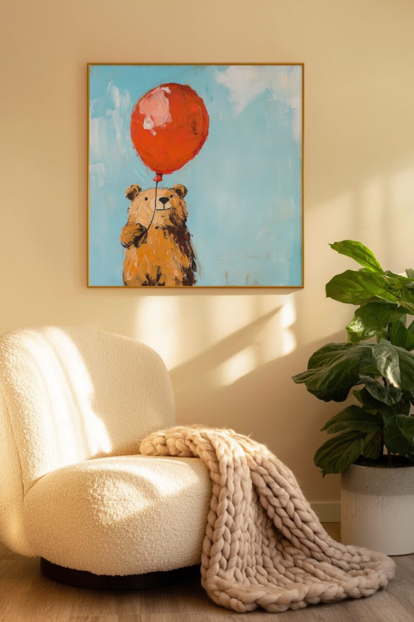 Malerei Poster Bär roter Ballon minimal