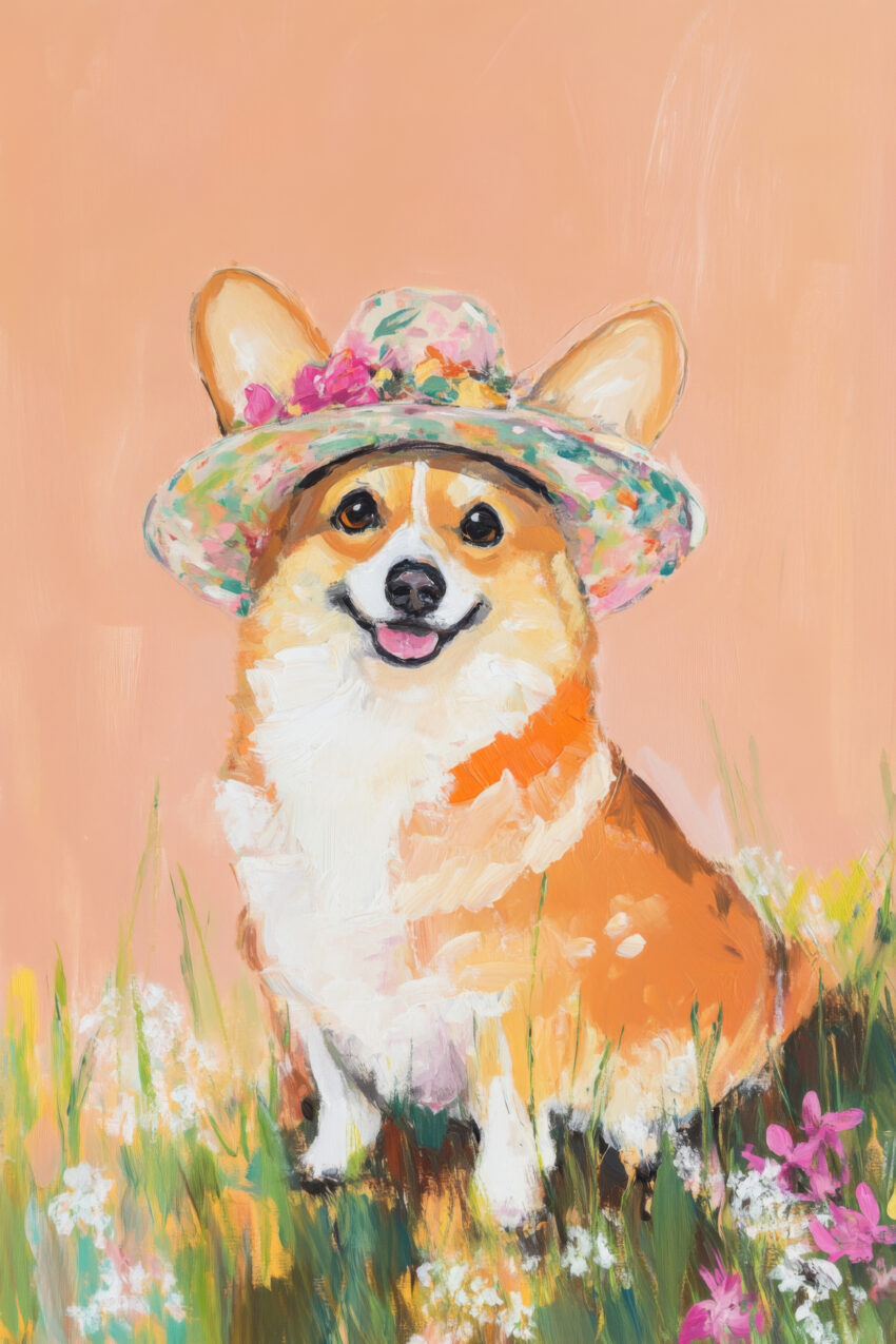 Illustration Poster Corgi fröhlich bunter Blütenhut