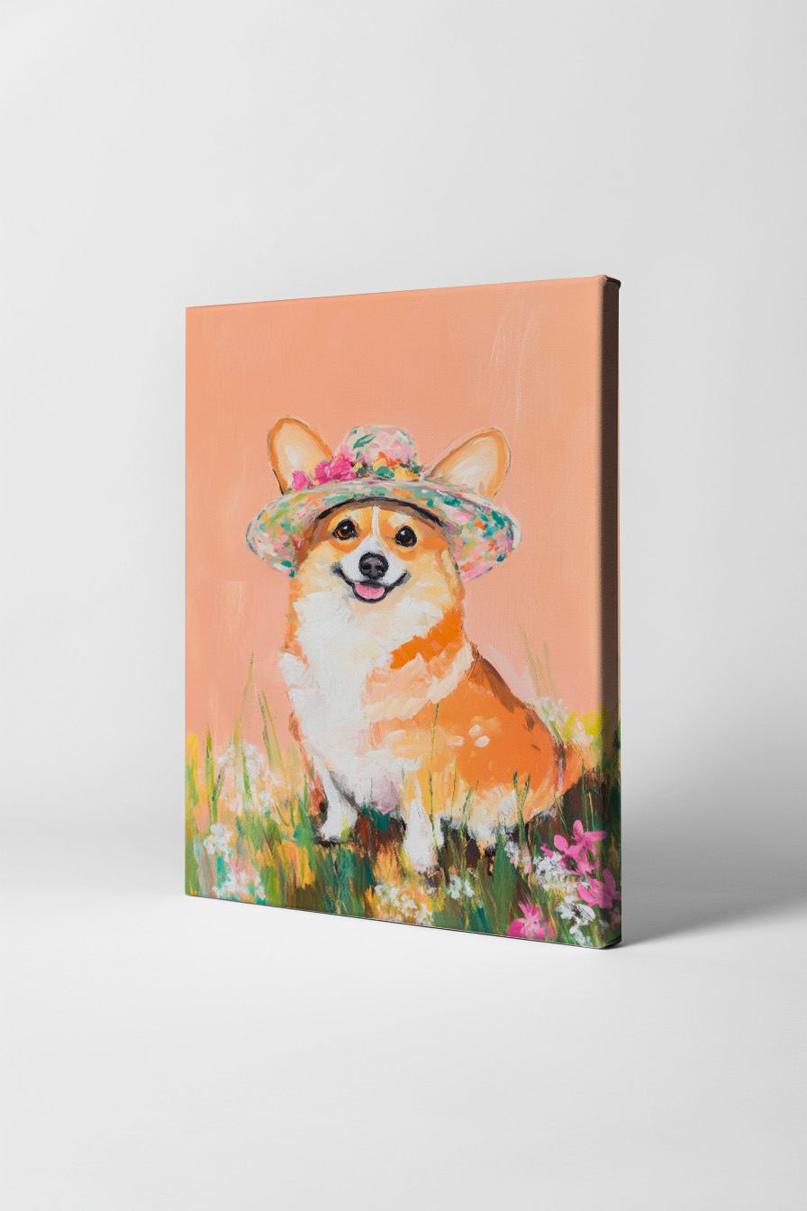 Illustration Poster Corgi fröhlich bunter Blütenhut