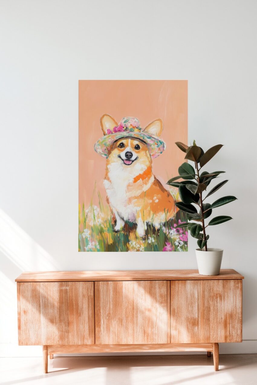 Illustration Poster Corgi fröhlich bunter Blütenhut