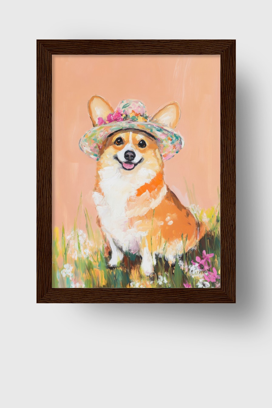 Illustration Poster Corgi fröhlich bunter Blütenhut