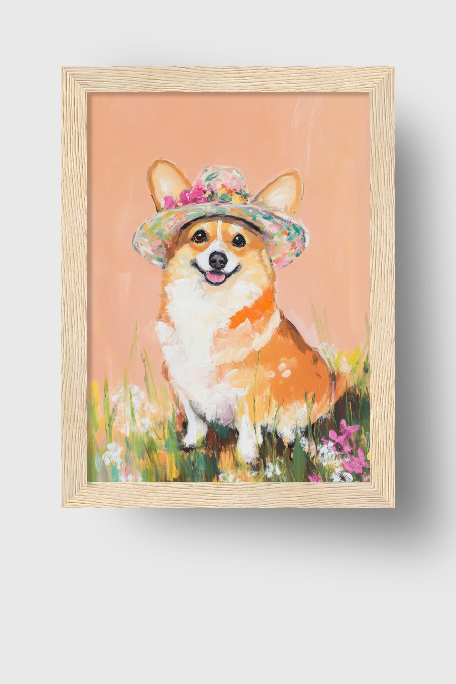 Illustration Poster Corgi fröhlich bunter Blütenhut