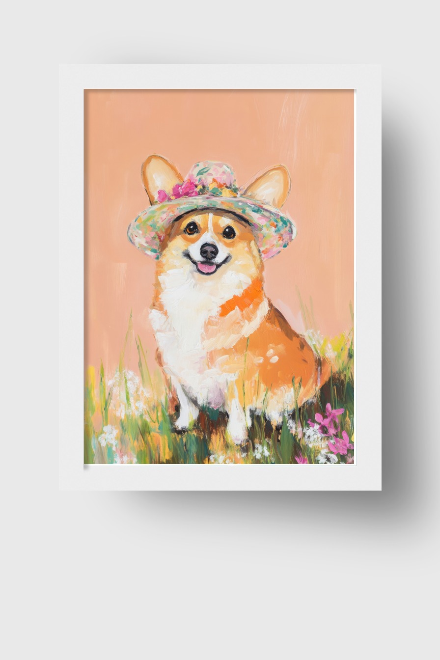 Illustration Poster Corgi fröhlich bunter Blütenhut