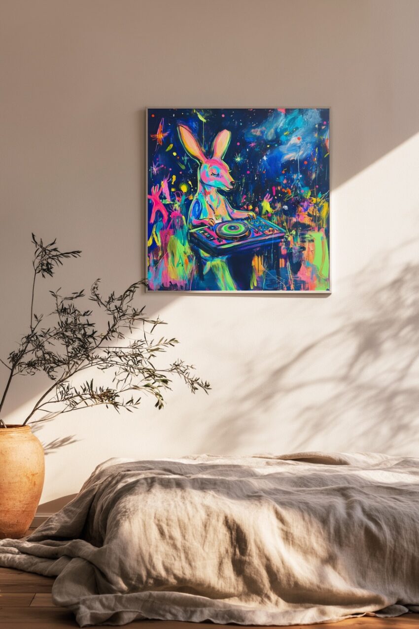 Digitale Kunst Poster Hase DJ bunt neonfarben