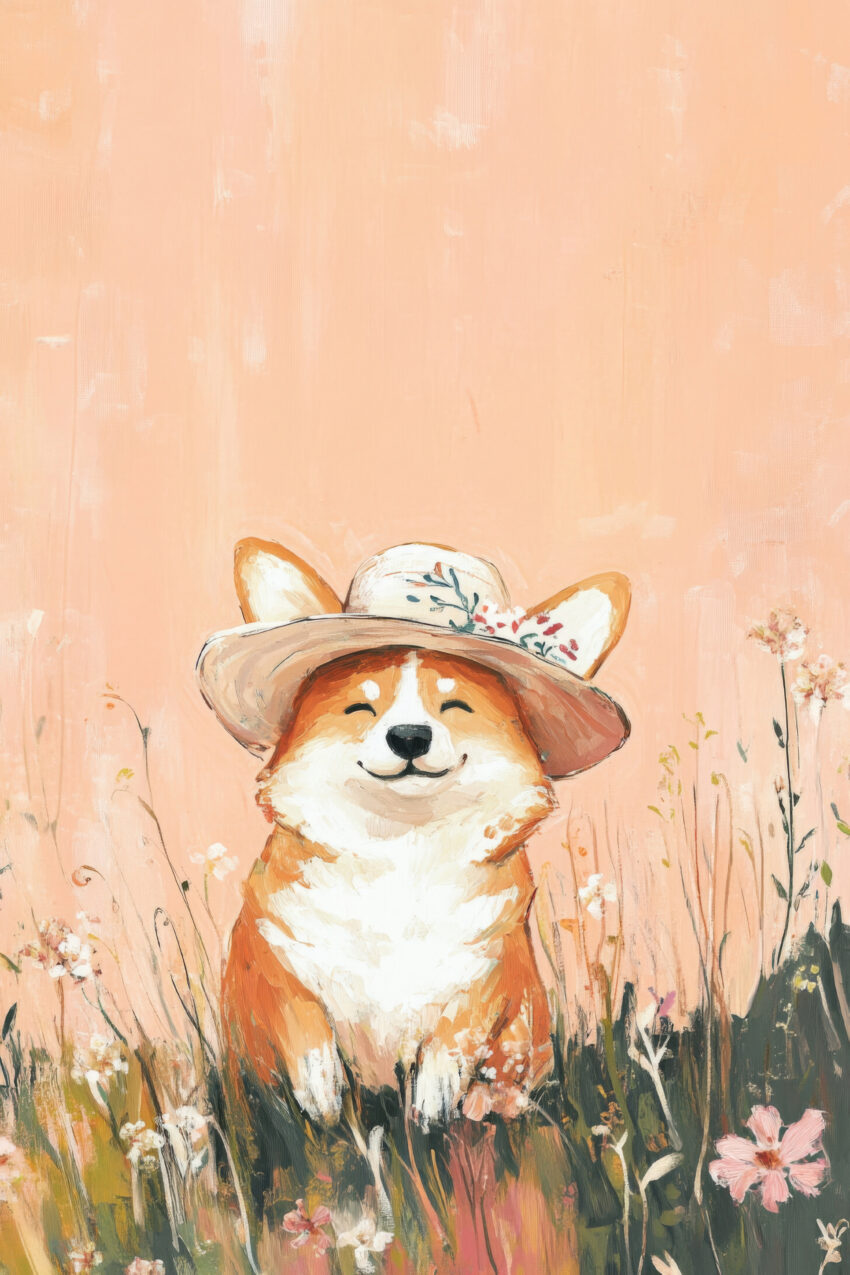 Illustration Poster Corgi Hund mit Hut Pastellfarben