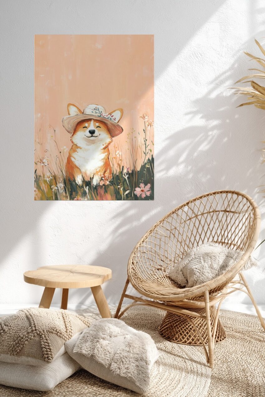 Illustration Poster Corgi Hund mit Hut Pastellfarben