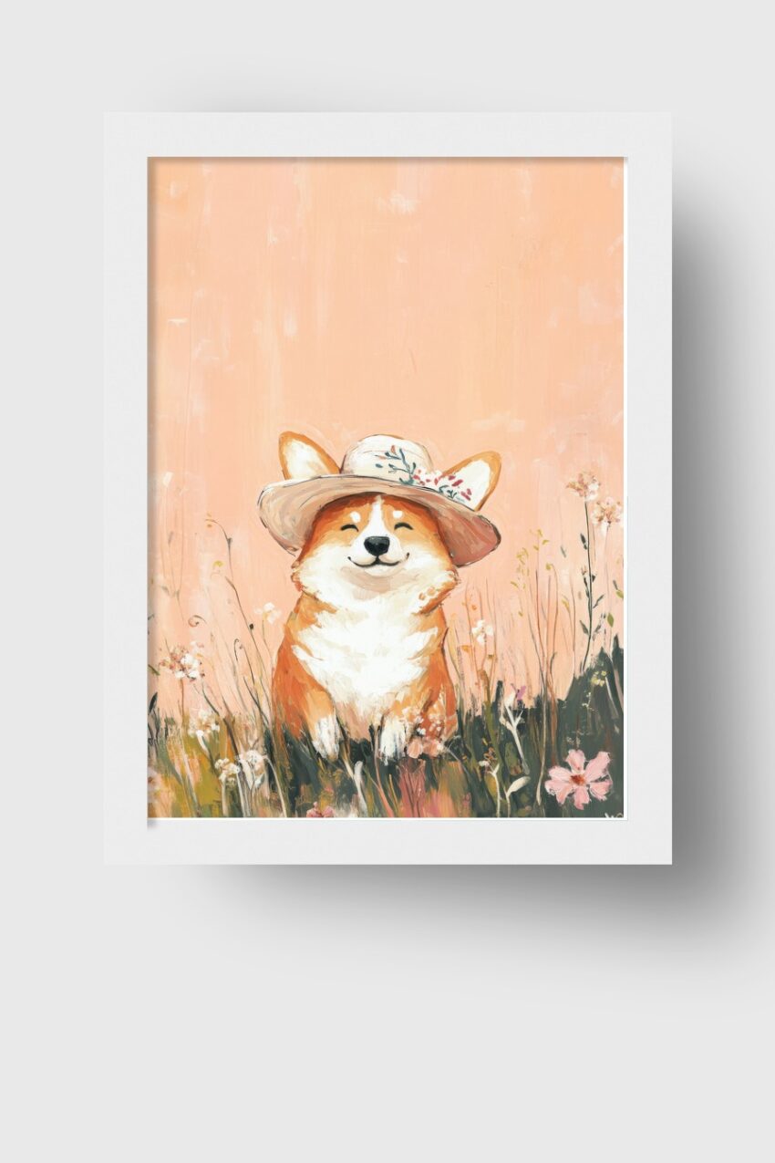 Illustration Poster Corgi Hund mit Hut Pastellfarben