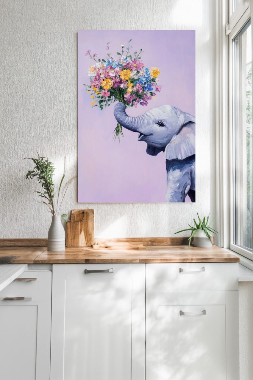 Illustration Poster Elefant bunt Blumenstrauß