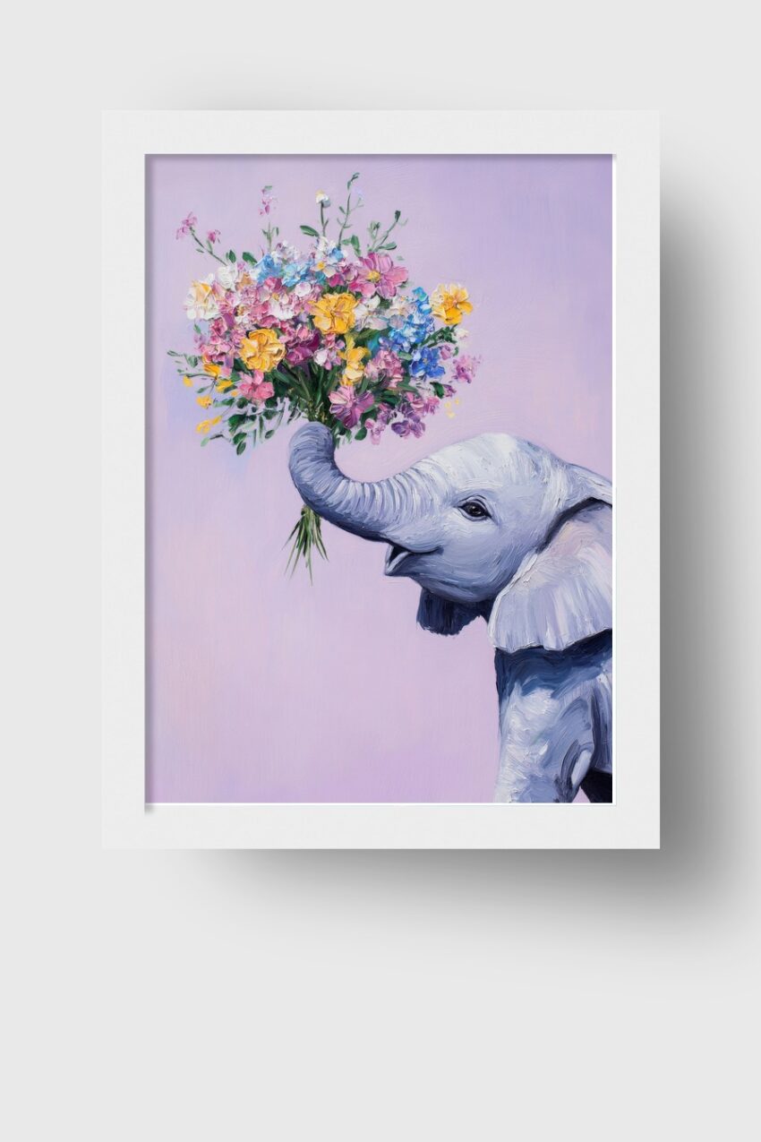 Illustration Poster Elefant bunt Blumenstrauß