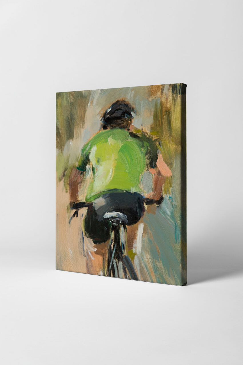 Öl Poster Fahrradfahrer Rücken grün minimal