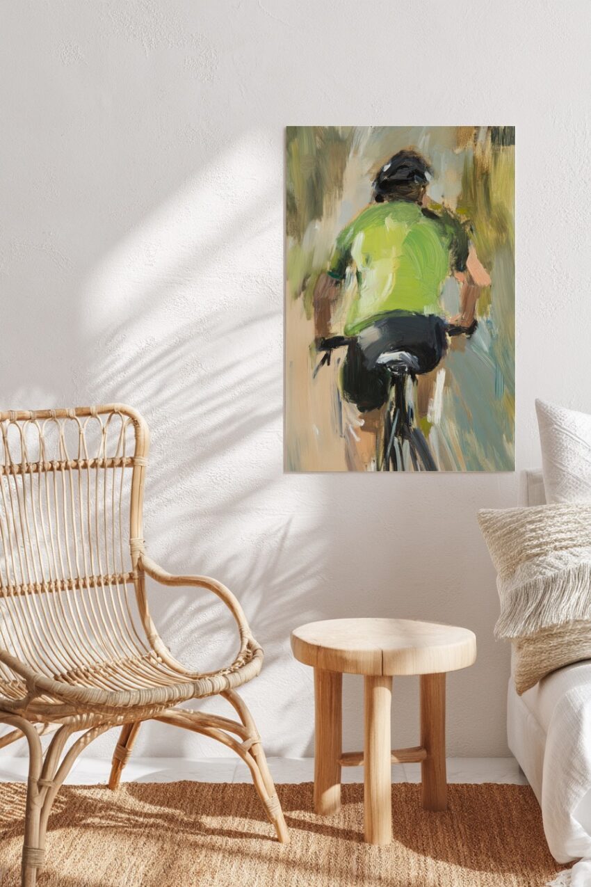 Öl Poster Fahrradfahrer Rücken grün minimal