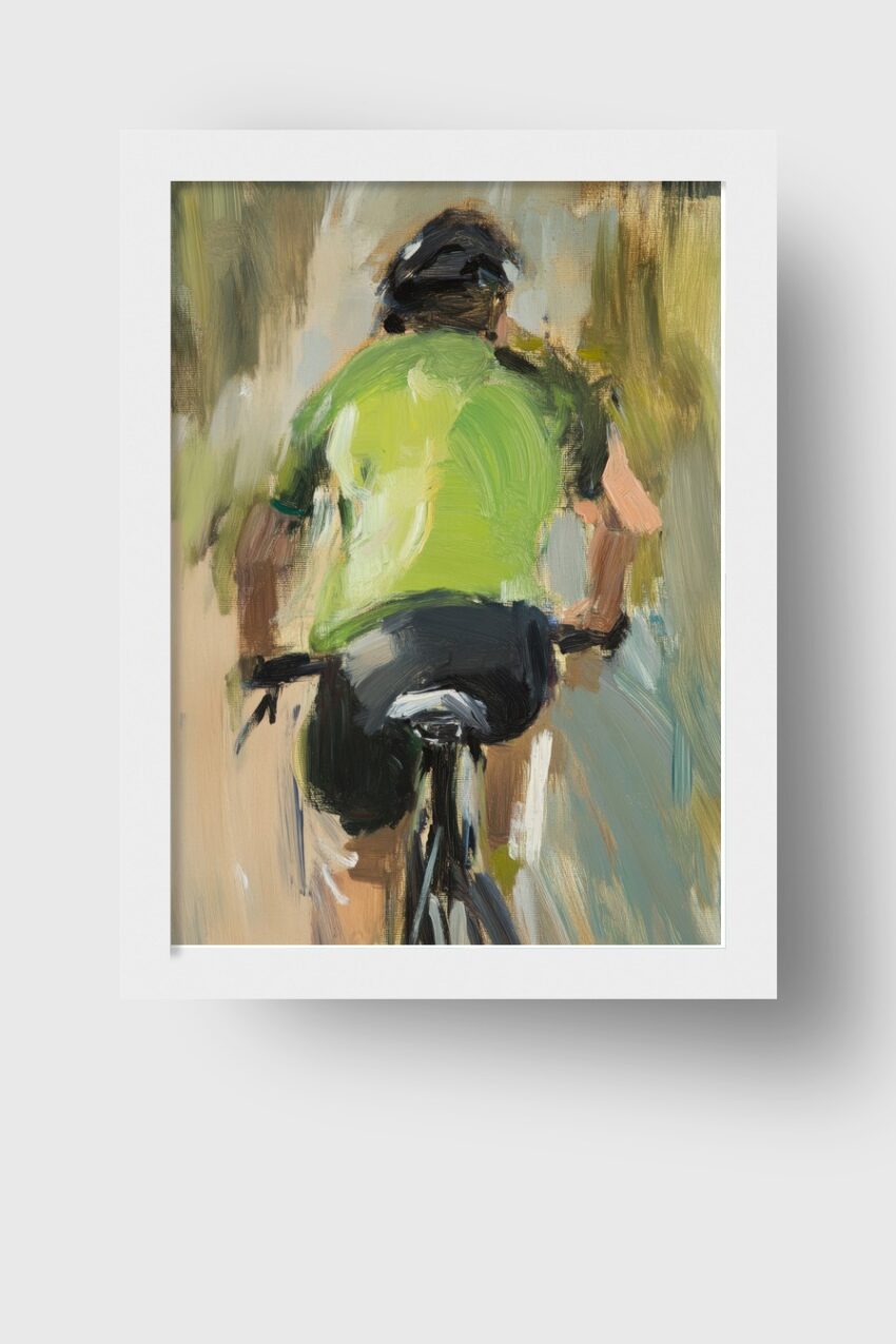 Öl Poster Fahrradfahrer Rücken grün minimal