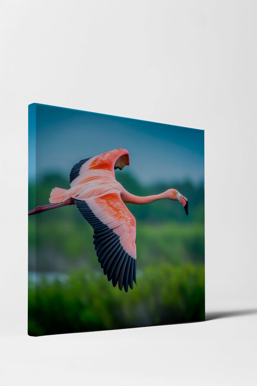 Fotografie Poster Flamingo elegant im Flug rosa schwarz