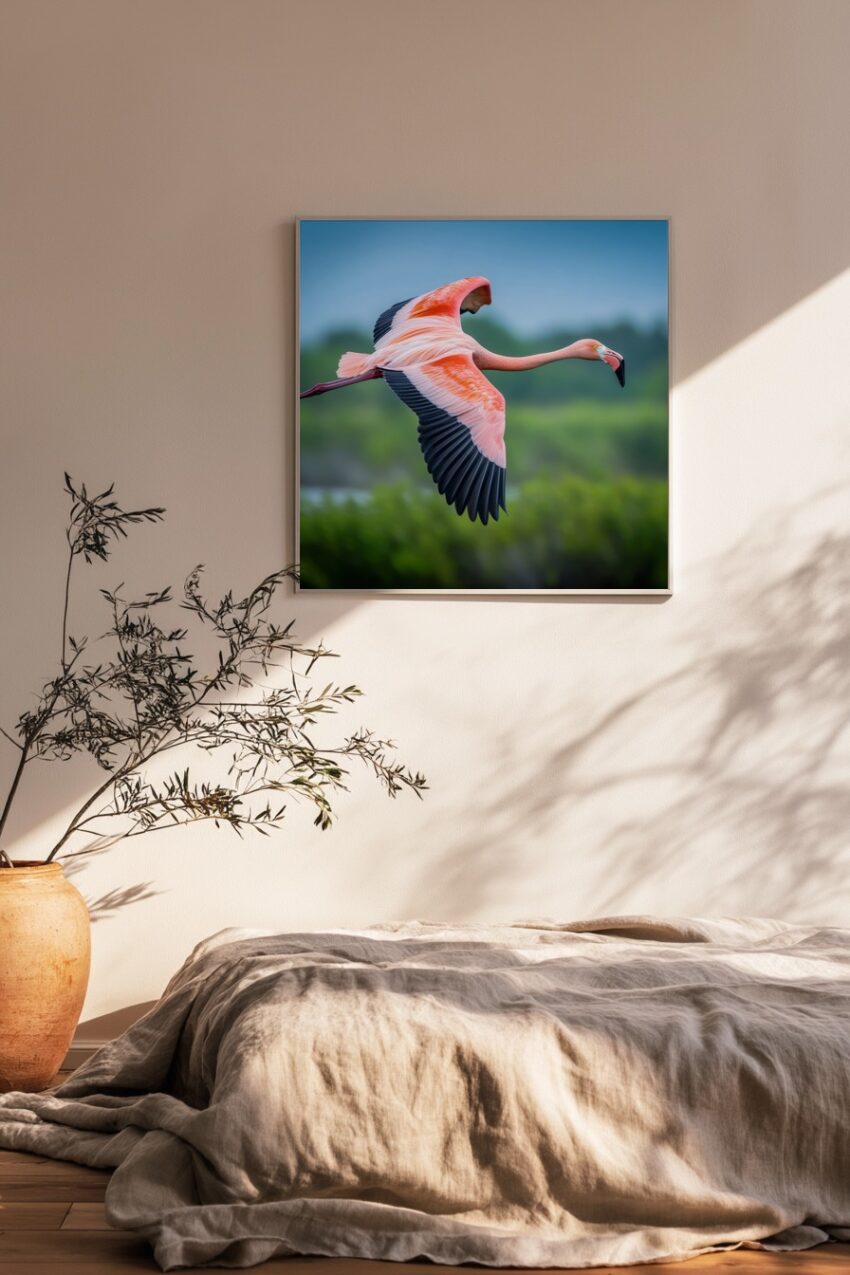 Fotografie Poster Flamingo elegant im Flug rosa schwarz