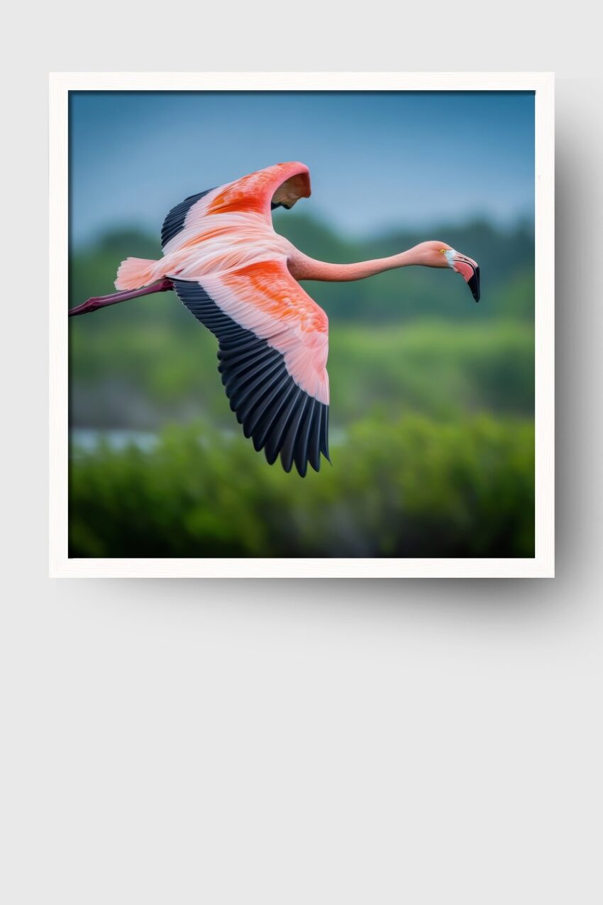 Fotografie Poster Flamingo elegant im Flug rosa schwarz