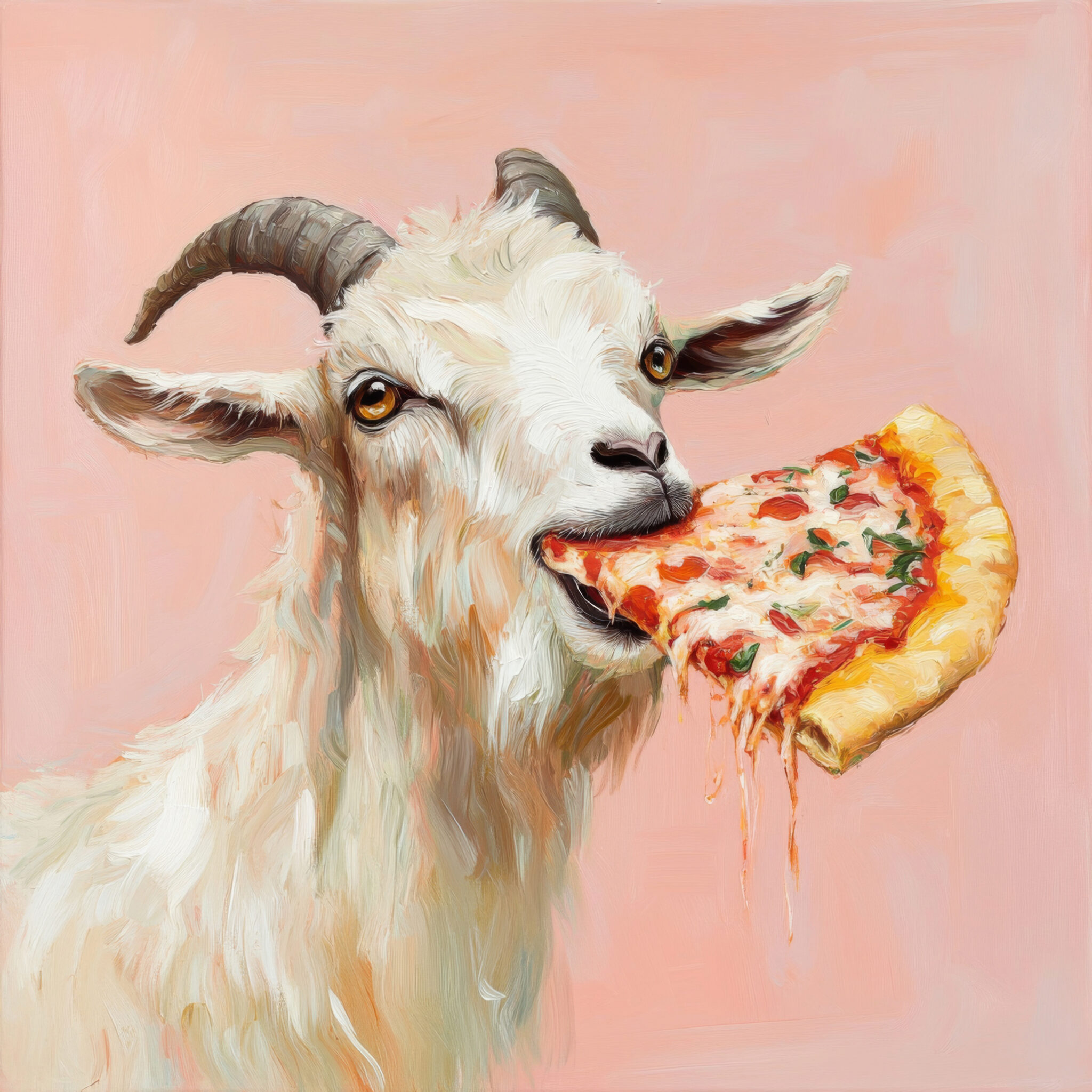 Digitale Kunst Poster Ziege mit Pizza farbig hell