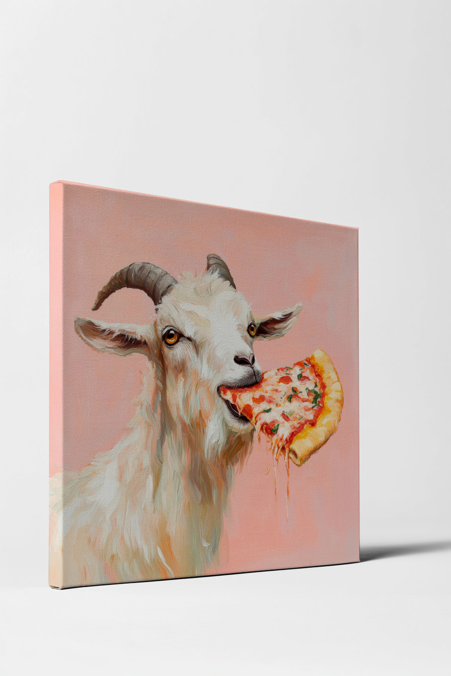 Digitale Kunst Poster Ziege mit Pizza farbig hell