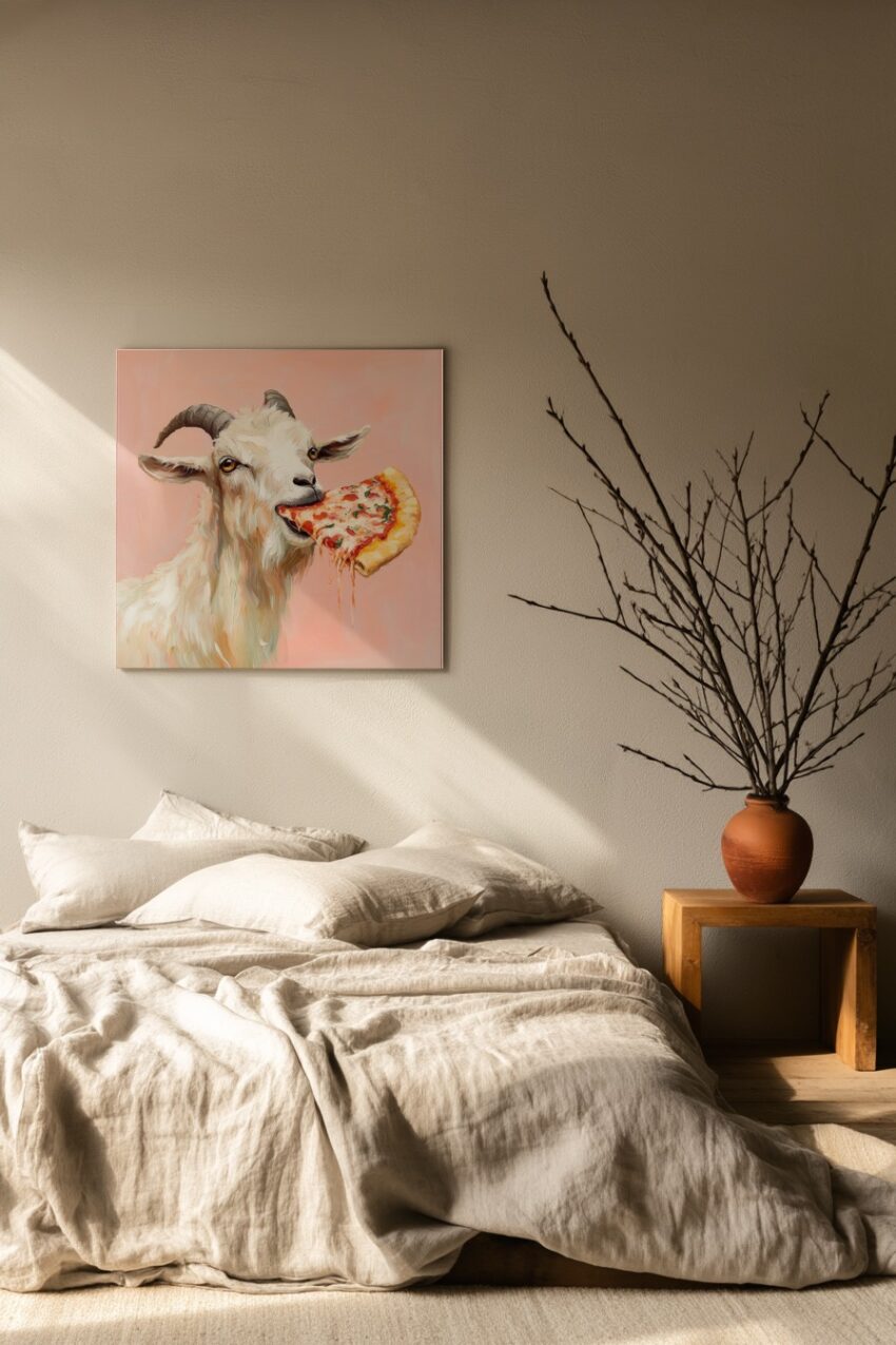 Digitale Kunst Poster Ziege mit Pizza farbig hell