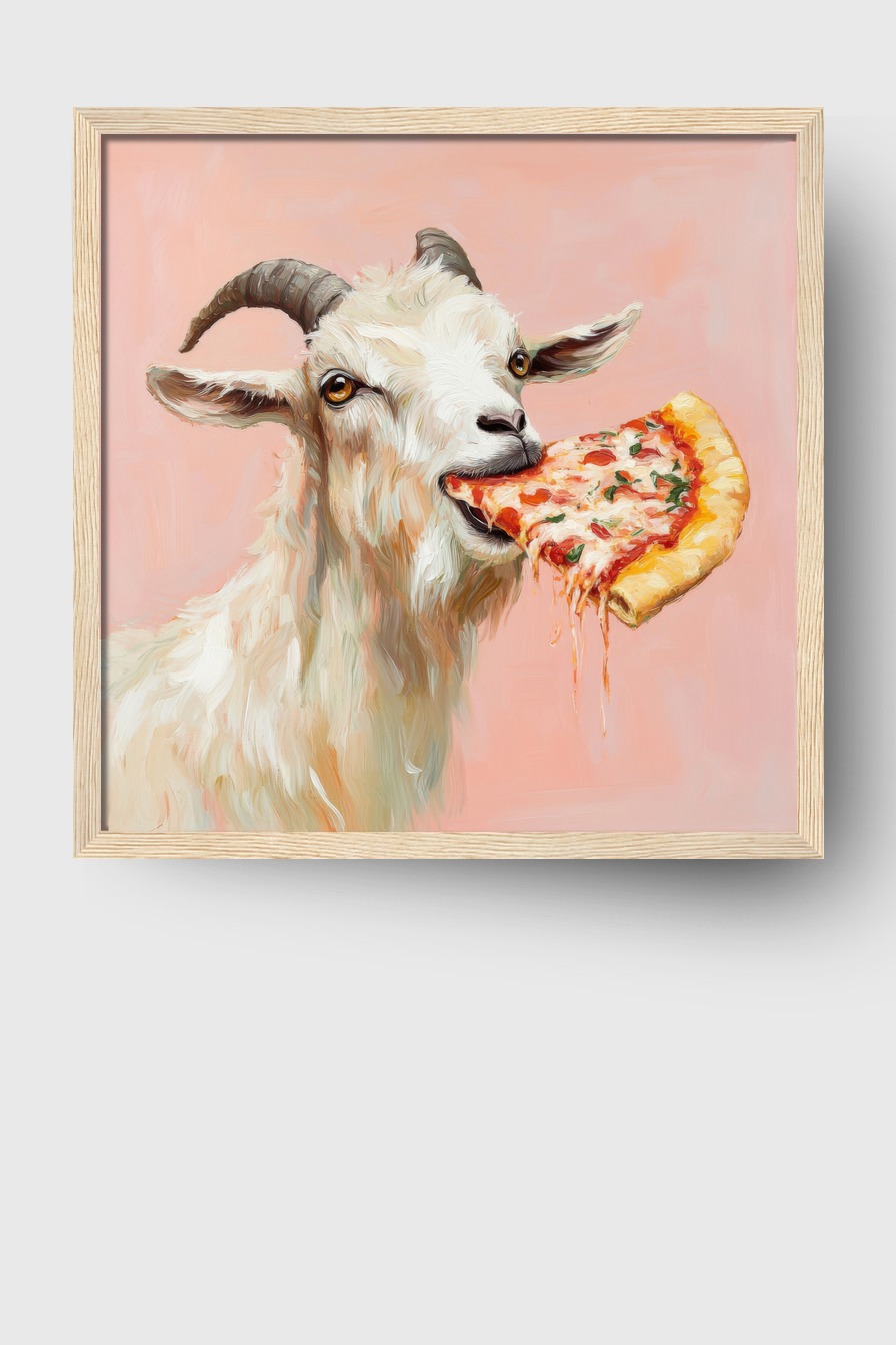 Digitale Kunst Poster Ziege mit Pizza farbig hell