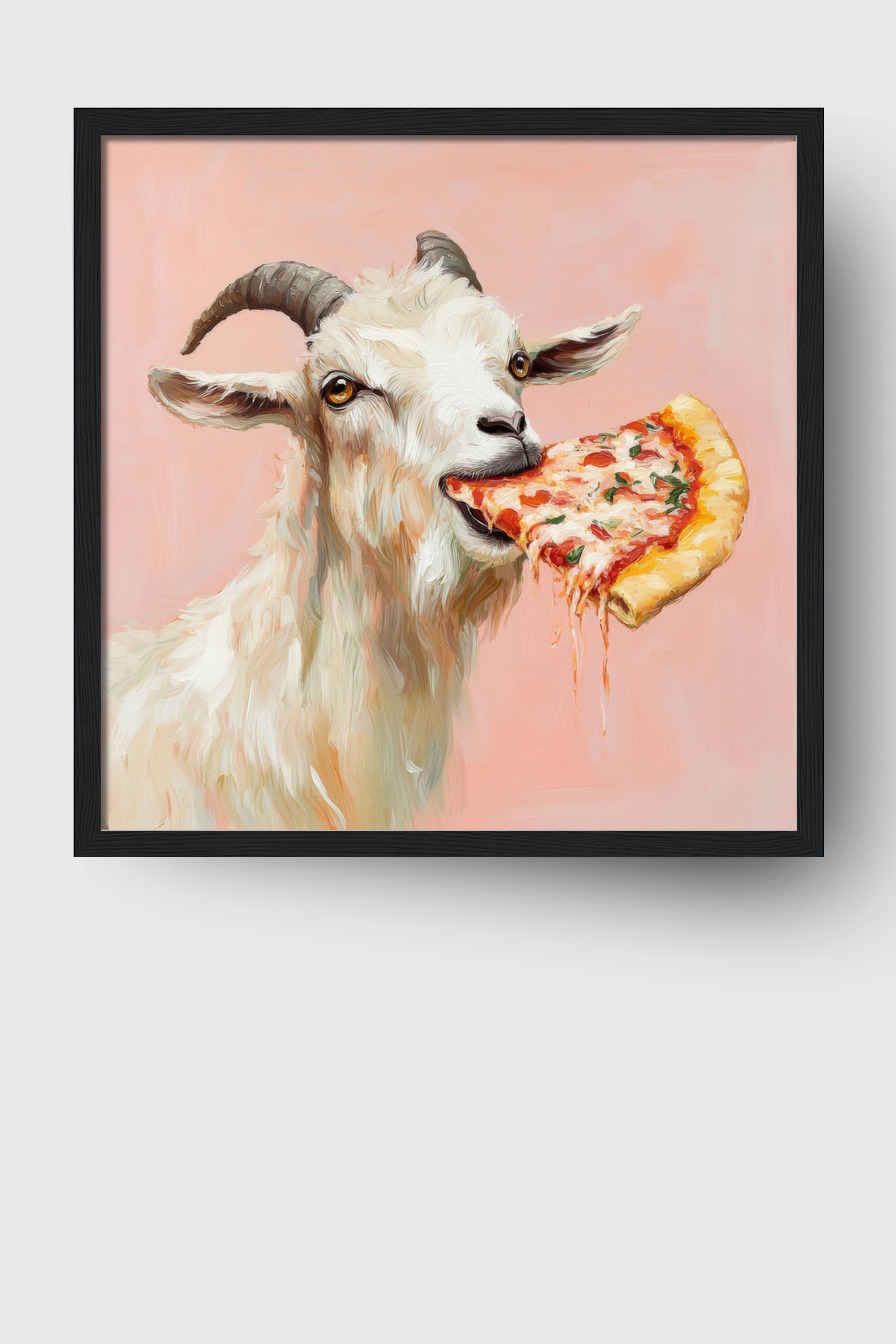 Digitale Kunst Poster Ziege mit Pizza farbig hell