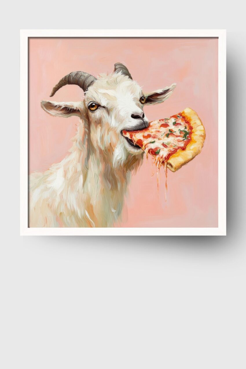 Digitale Kunst Poster Ziege mit Pizza farbig hell