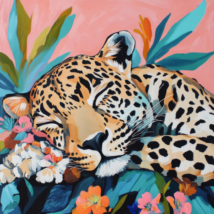 Illustration Poster Gepard schlafend farbig Blumen