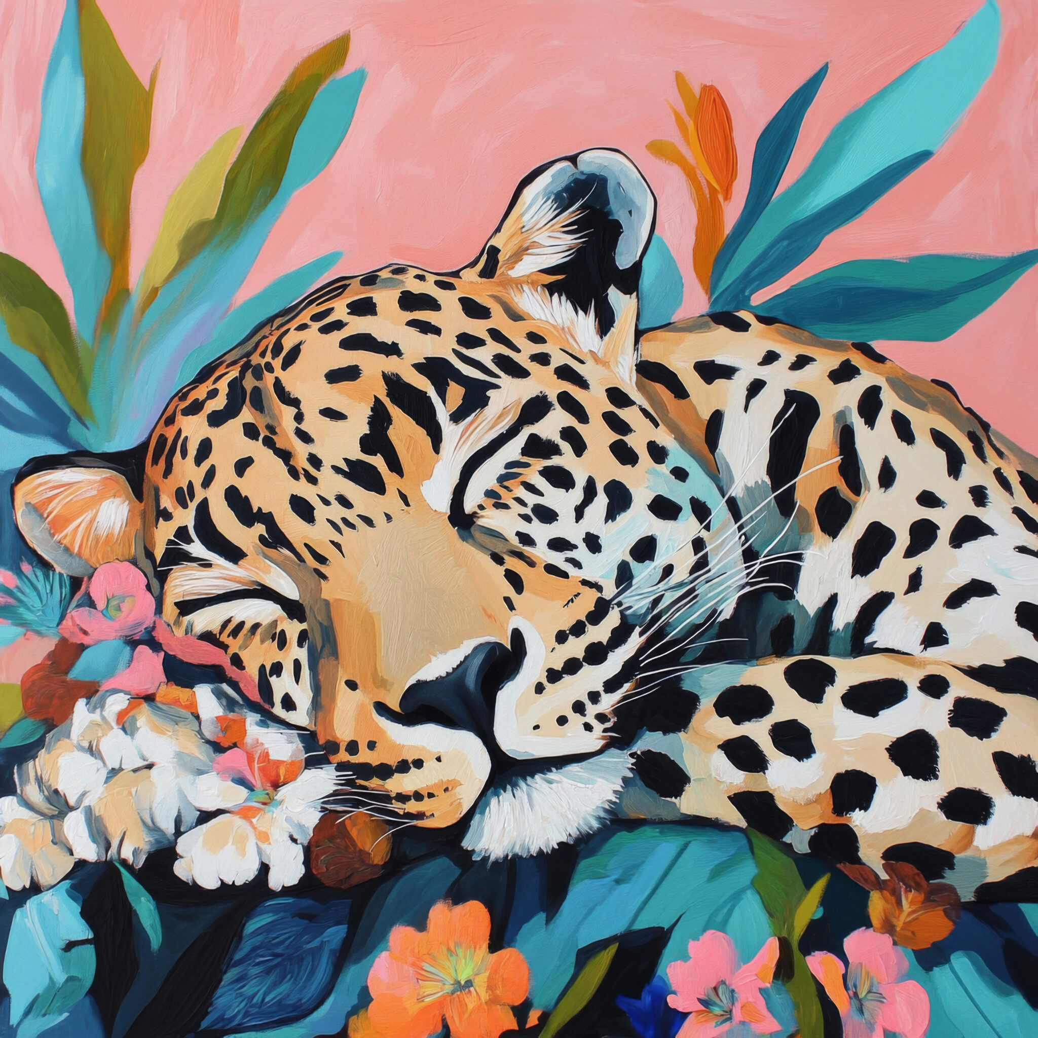 Illustration Poster Gepard schlafend farbig Blumen