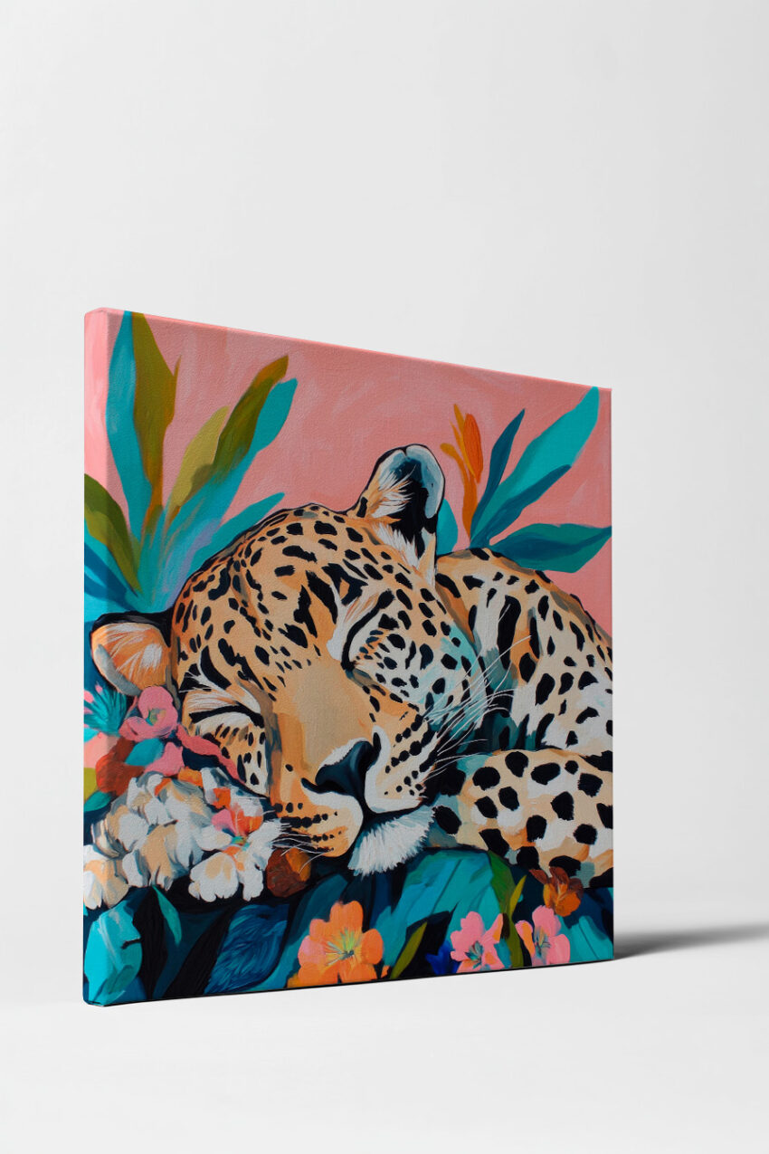 Illustration Poster Gepard schlafend farbig Blumen