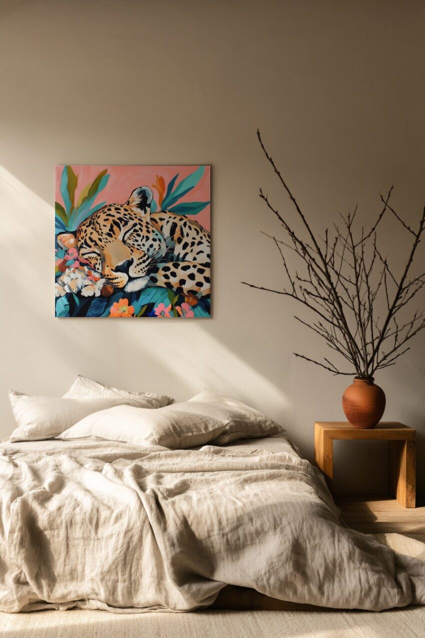 Illustration Poster Gepard schlafend farbig Blumen