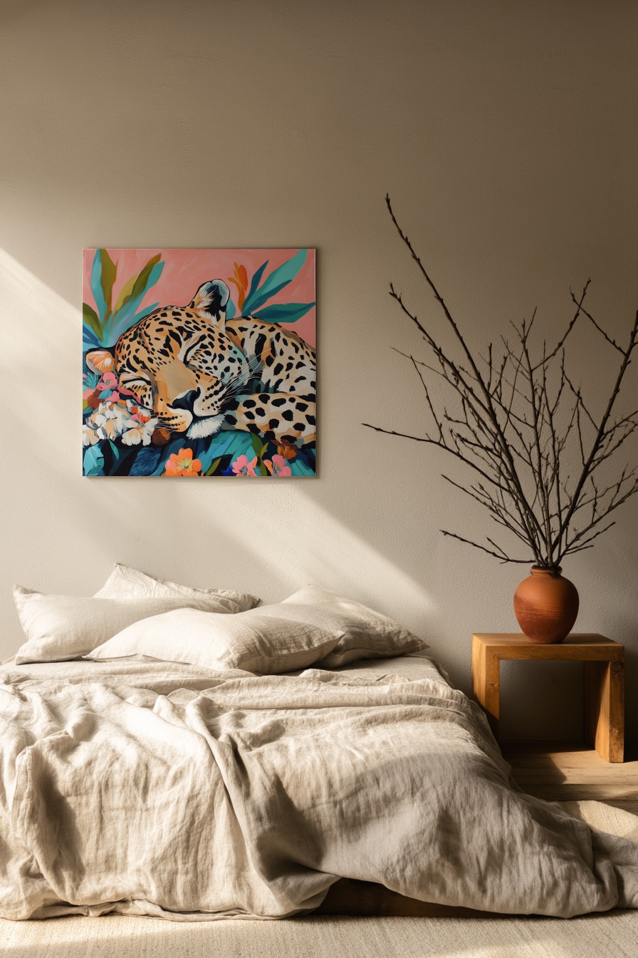Illustration Poster Gepard schlafend farbig Blumen