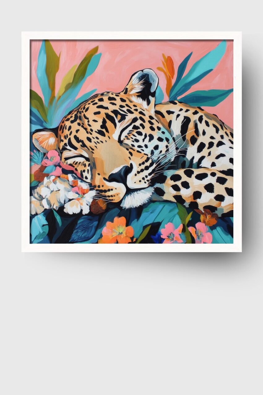 Illustration Poster Gepard schlafend farbig Blumen