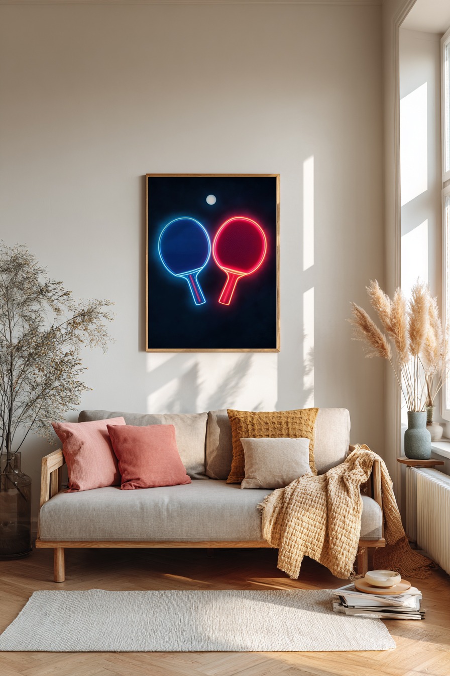 Digitale Kunst Poster Tischtennisschläger Neon leuchtend rot blau