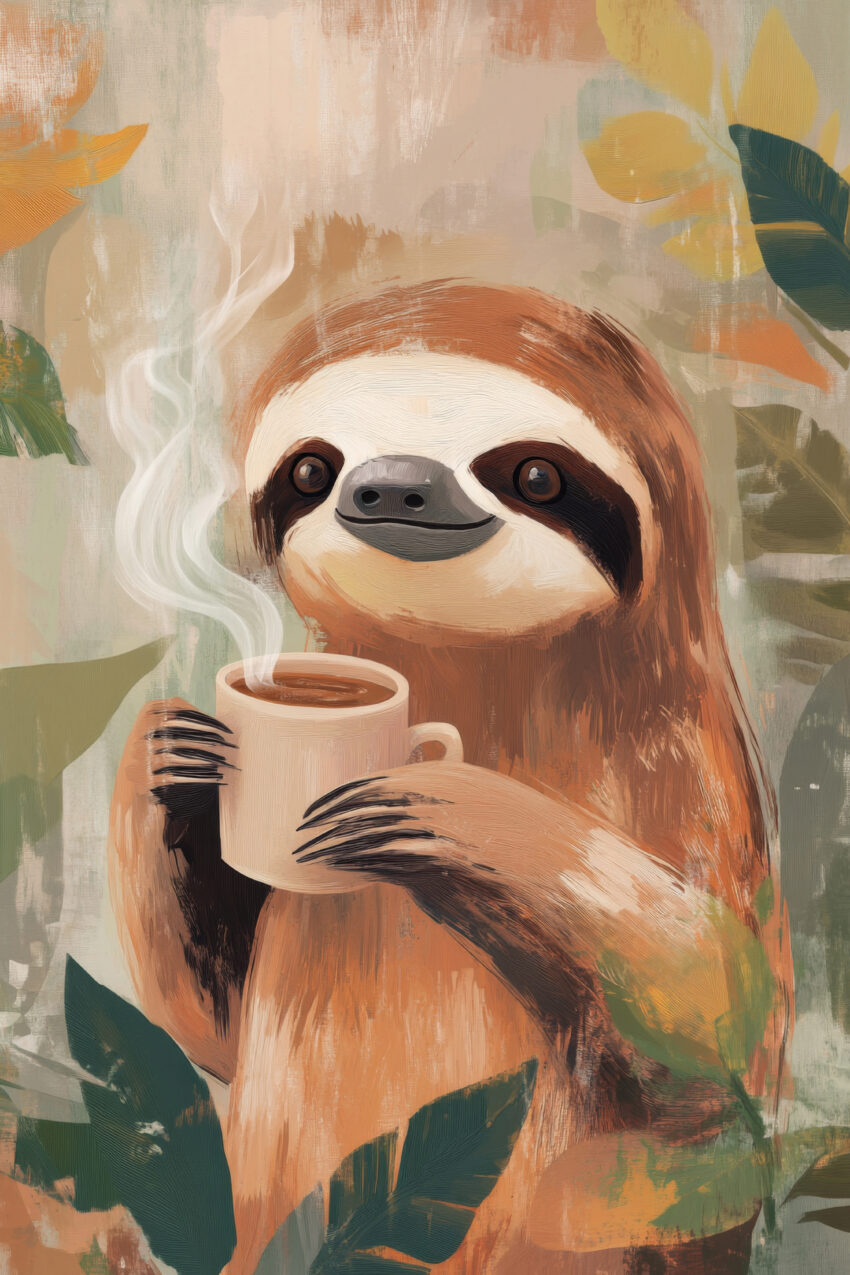 Illustration Poster Faultier Kaffeetasse dampfend warm braun grün