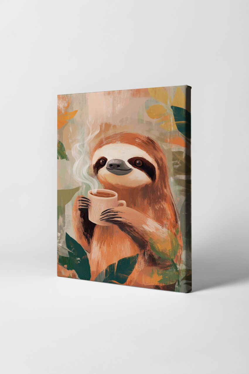 Illustration Poster Faultier Kaffeetasse dampfend warm braun grün