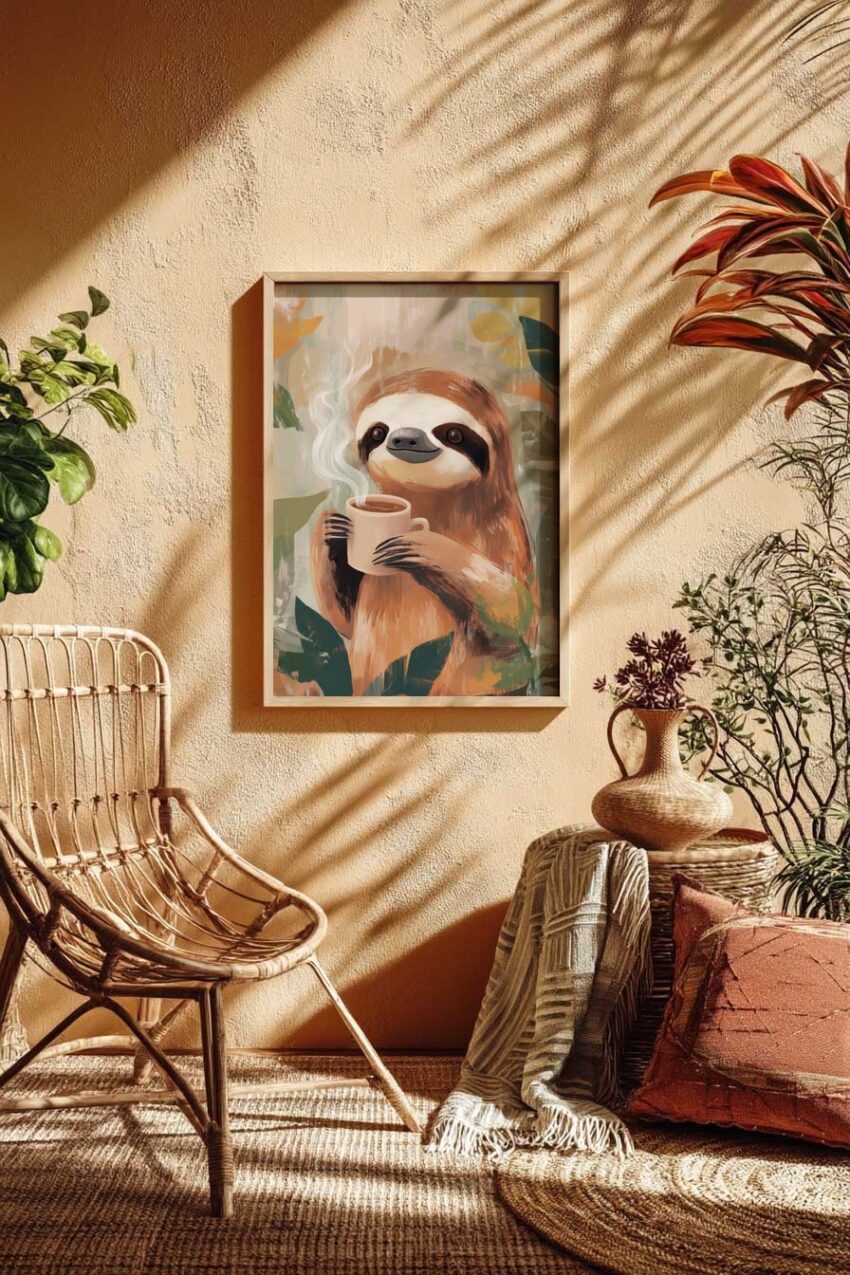 Illustration Poster Faultier Kaffeetasse dampfend warm braun grün
