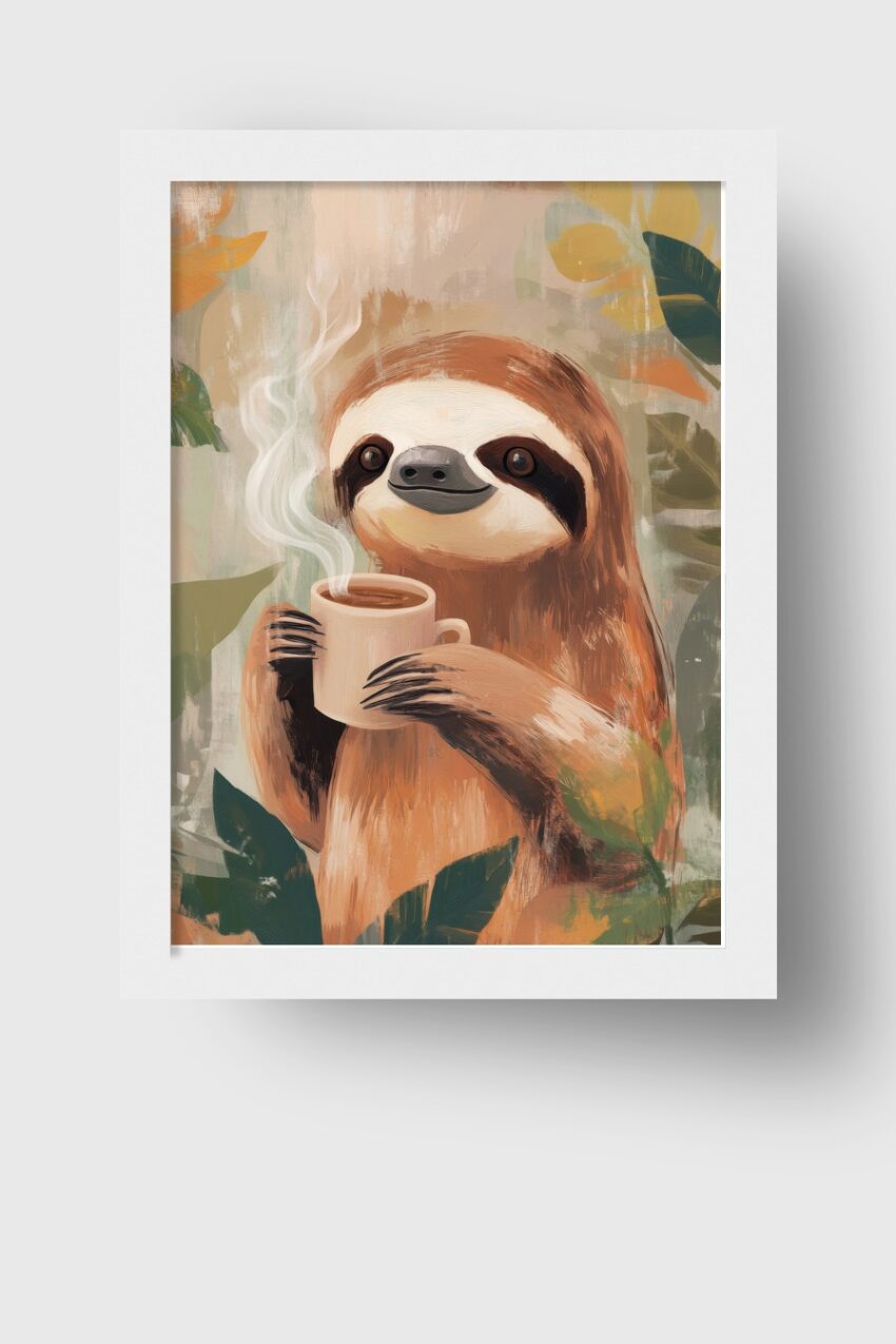 Illustration Poster Faultier Kaffeetasse dampfend warm braun grün