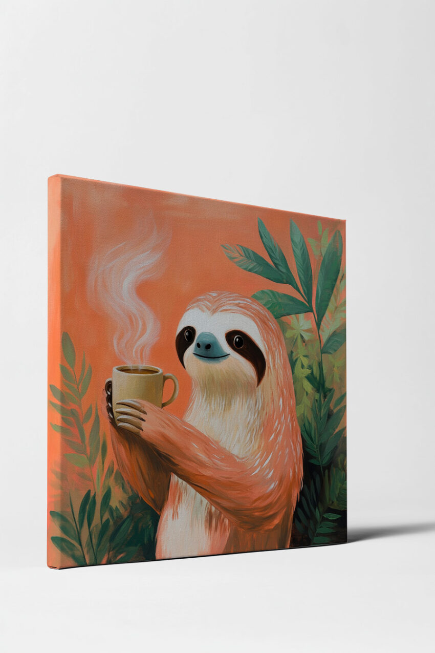 Illustration Poster Faultier Tasse warm orange grün