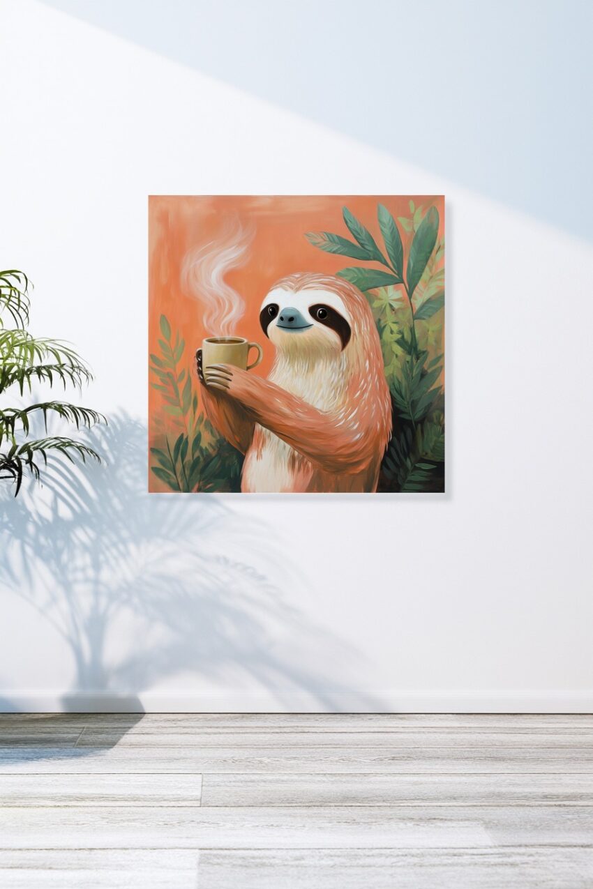 Illustration Poster Faultier Tasse warm orange grün