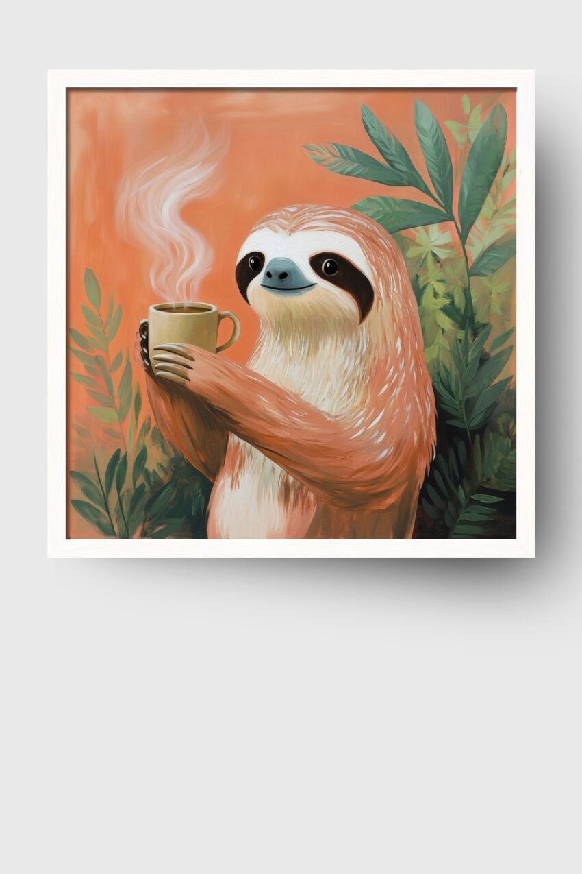 Illustration Poster Faultier Tasse warm orange grün