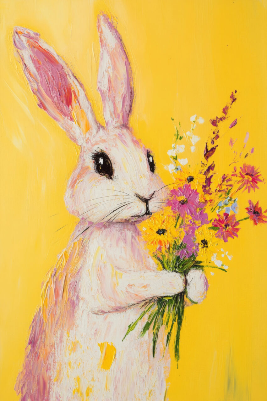 Malerei Poster Hase Blumenstrauß bunt gelb